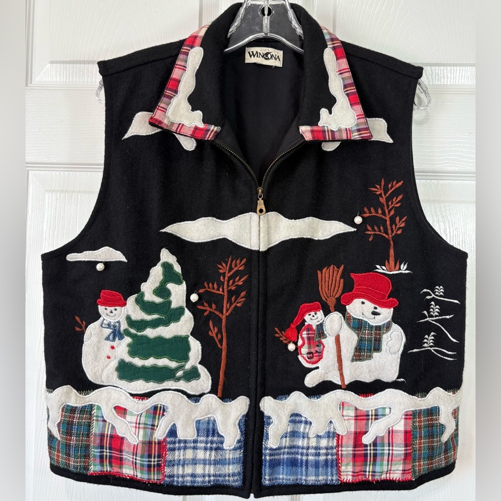 Vintage Winona Snowmen Christmas Tree Wool Vest Pearl And Plaid Accents XL